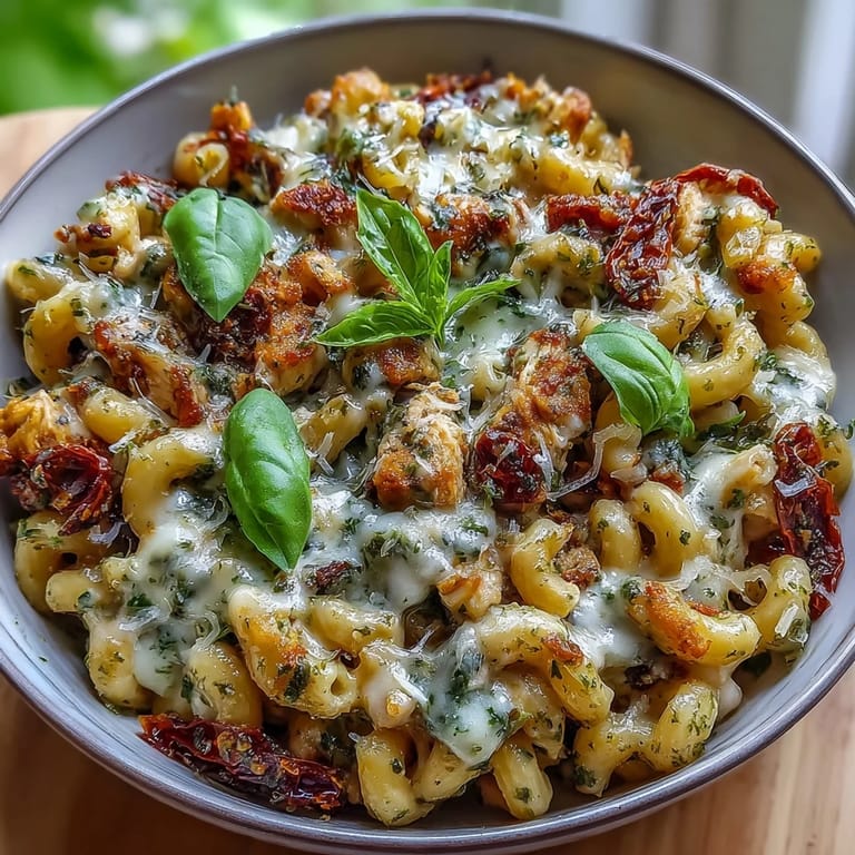 Sizzling Pesto Chicken Chili Mac featuring tender diced chicken, colorful peppers, and gooey cheese in a skillet.
