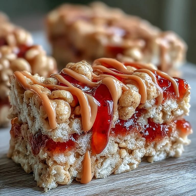 A macro shot of a stacked High-Protein PB&J Rice Krispie Bars bite with melted jelly and crunchy cereal textures ready to eat.