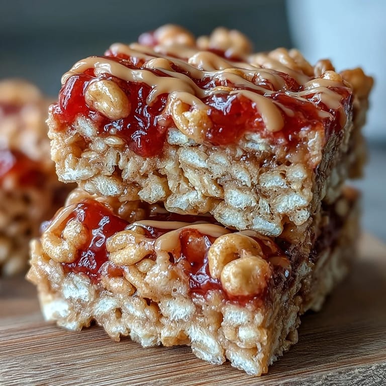 Sliced High-Protein PB&J Rice Krispie Bars on a parchment-lined tray, garnished with extra peanut butter drizzle for a wholesome snack.