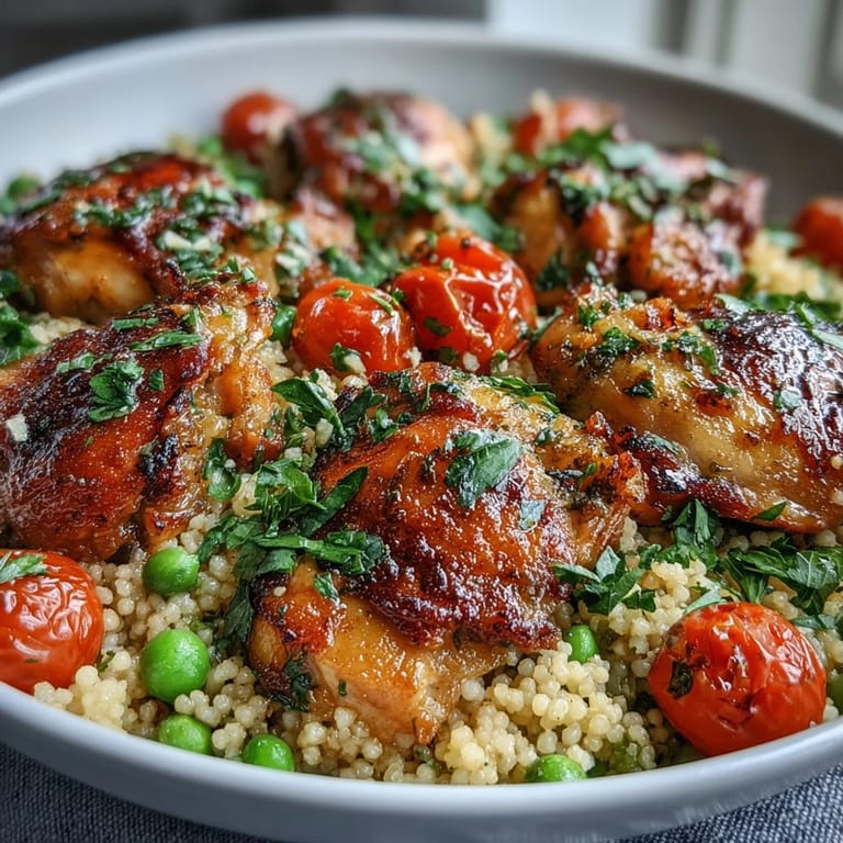 Sizzling One-Pan Garlic Butter Chicken Couscous plated in a shallow bowl, garnished with fresh parsley and lemon wedges for serving.