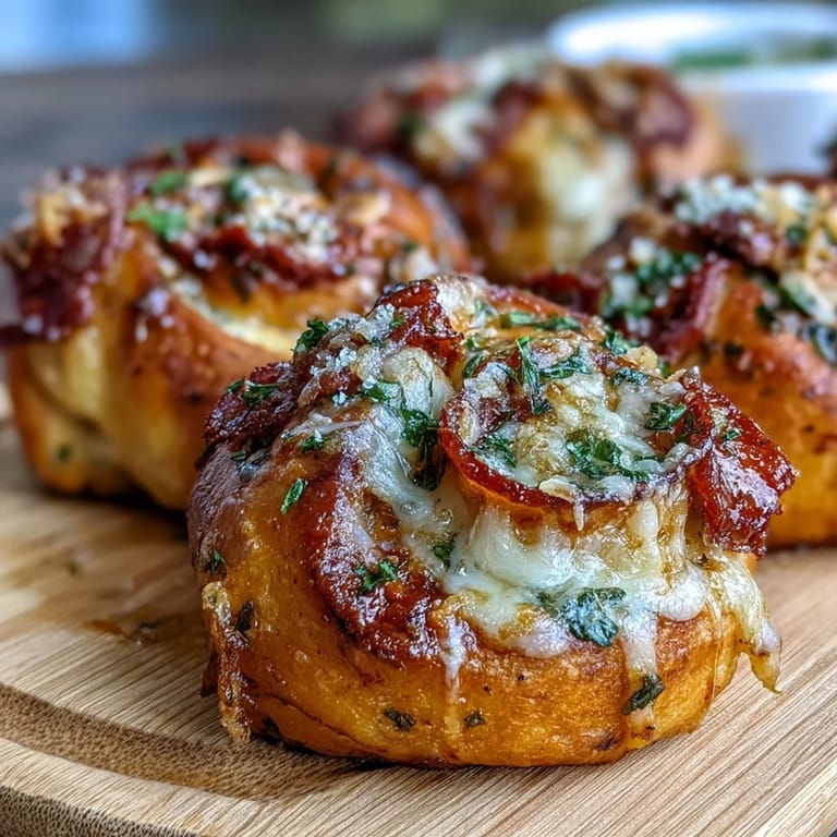 Freshly baked Pizza Roll Stuffed Garlic Knots served warm on a rustic wooden board with a side of marinara.