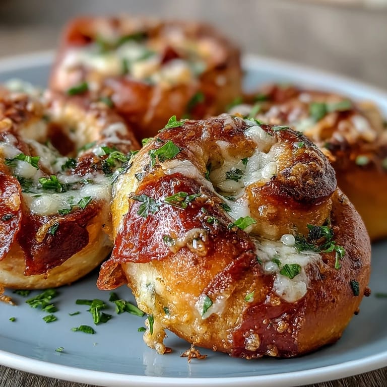 A close-up of Pizza Roll Stuffed Garlic Knots revealing melted mozzarella and pepperoni inside the soft, high-protein dough.