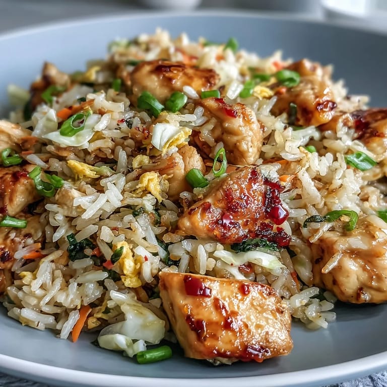 A close-up showcases steaming Egg Roll Fried Rice with Chicken, garnished with vibrant green onions and a hint of sesame oil.