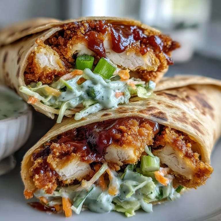 Serving two halves of Crispy KFC Turkey Snack Wraps with a side of dipping sauce and fresh herbs on a rustic plate.