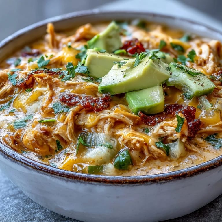 Close-up of tender shredded chicken and green bell peppers in a rich, spicy Keto Creamy Chicken Enchilada Soup.