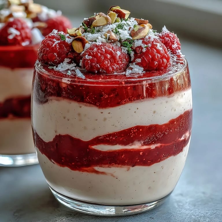 Healthy Vegan Raspberry Coconut Chia Parfaits breakfast dessert served in a jar with a spoon, perfect for a gluten-free and dairy-free treat.