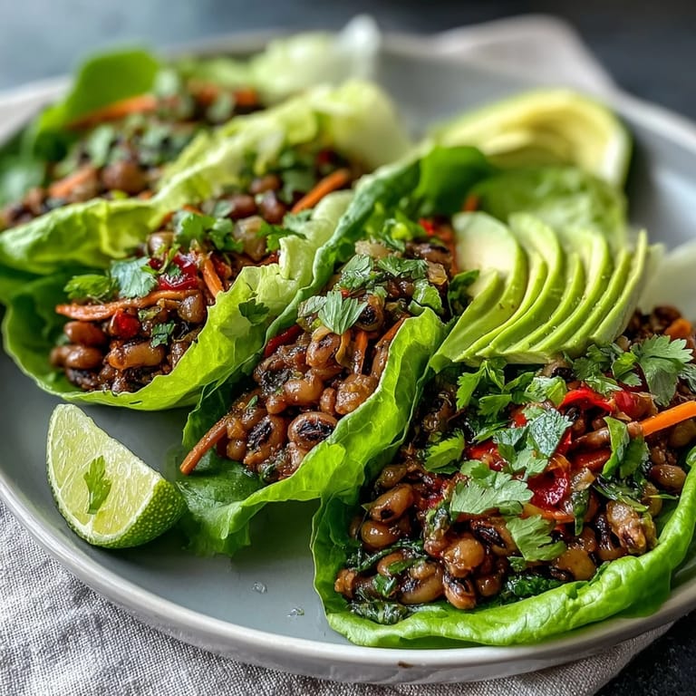 Crunchy lettuce wraps stuffed with smoky black-eyed peas, diced peppers, and shredded carrots, topped with avocado and hot sauce.  