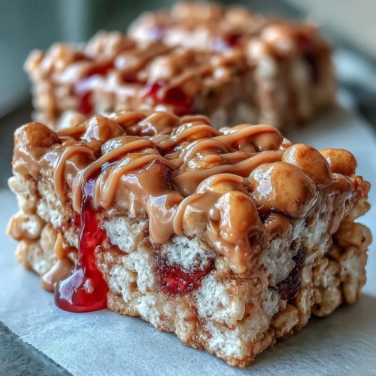 Chewy, protein-packed Rice Krispie bars layered with creamy peanut butter and sweet jelly for a nostalgic, nutritious snack.  
