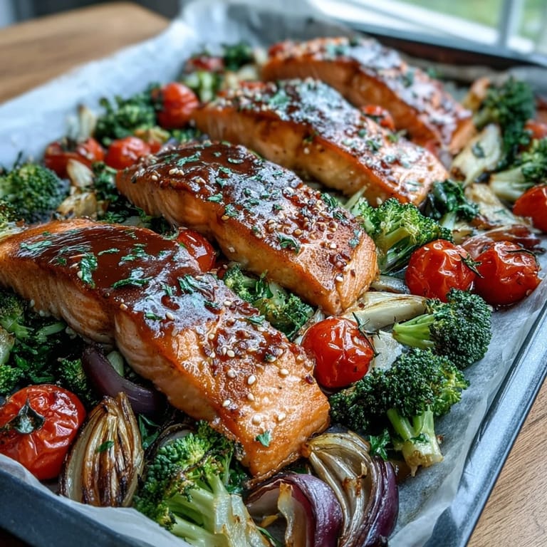 Healthy one-pan Dijon salmon dinner with tender salmon fillets and a colorful medley of roasted vegetables, perfect for easy weeknight meals.  