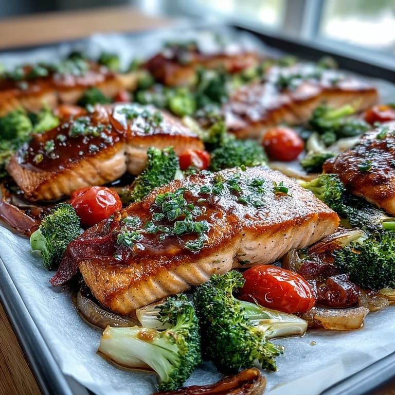 Flavorful sheet pan salmon with Dijon glaze and roasted vegetables, combining juicy salmon and crisp-tender veggies for a nutritious, gluten-free dinner.