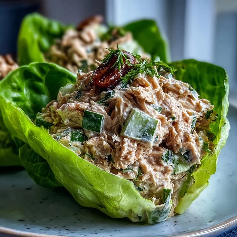 Fresh butter lettuce cups brimming with Greek yogurt tuna salad, garnished with colorful vegetables for a healthy, low-carb lunch.