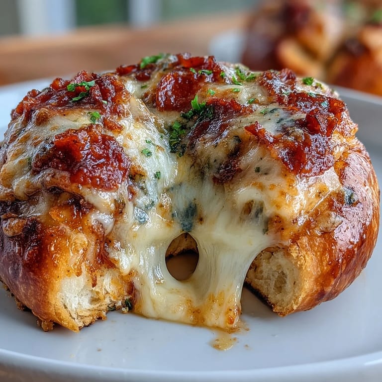 Soft, cheesy garlic knots filled with pepperoni and mozzarella, topped with parsley-garlic butter for irresistible flavor.