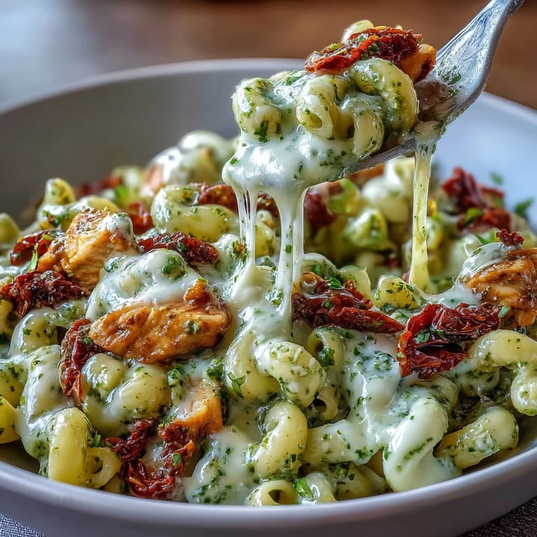 Hearty one-pot pesto chicken chili mac loaded with diced chicken, aromatic basil pesto, and melty cheese, perfect for a comforting family dinner.  