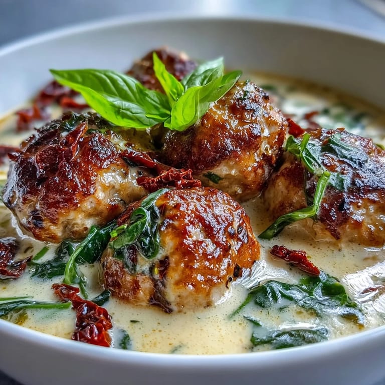 A comforting bowl of Creamy Tuscan Turkey Meatball Soup, featuring sun-dried tomatoes and creamy broth, perfect for chilly evenings.  