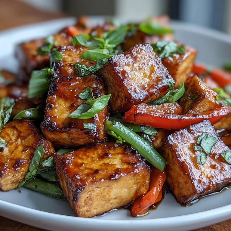 Top-down view of a steaming plate of Vegan Thai Basil Tofu Stir-Fry served with jasmine rice and garnished with lime.