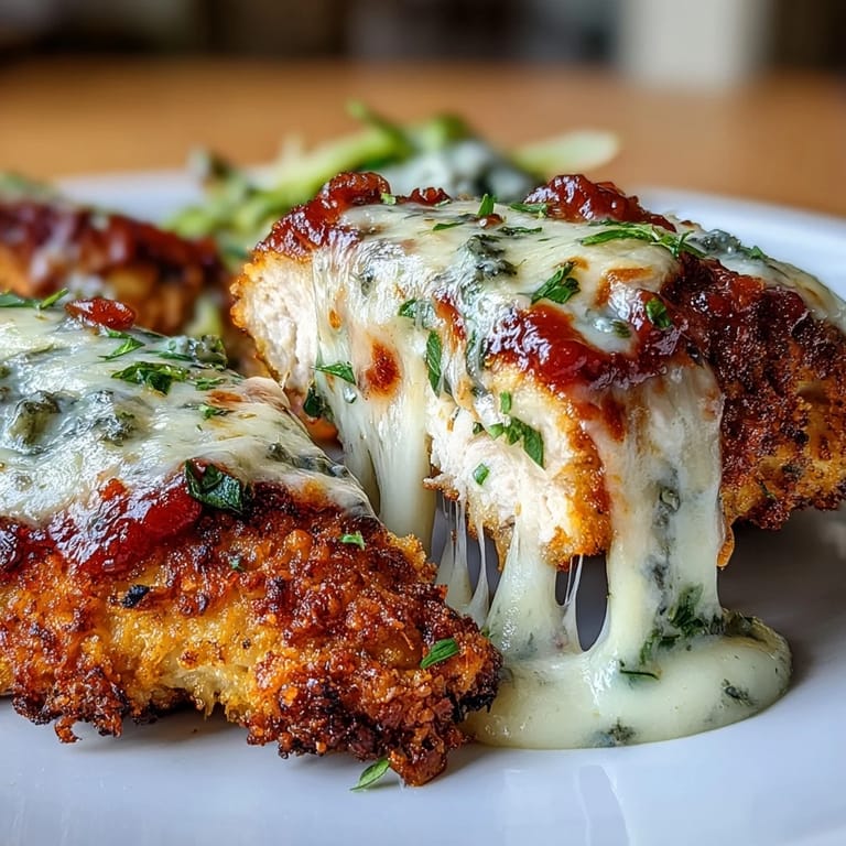 Healthy chicken Parmesan with zucchini noodles, featuring baked almond-parmesan crust and bubbly cheese topping.
