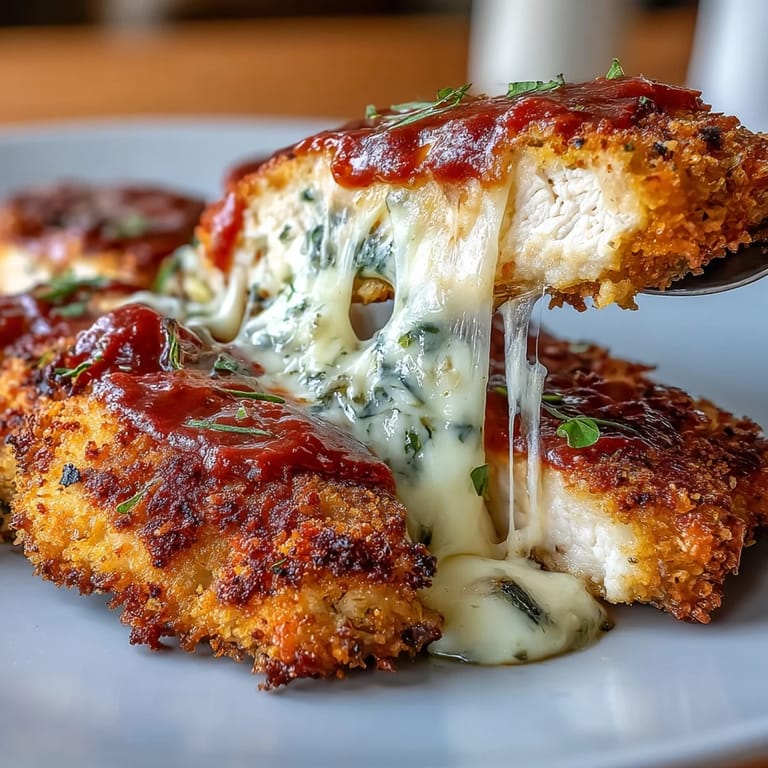 Golden almond-crusted chicken breast topped with marinara and melted mozzarella over fresh spiralized zucchini.  