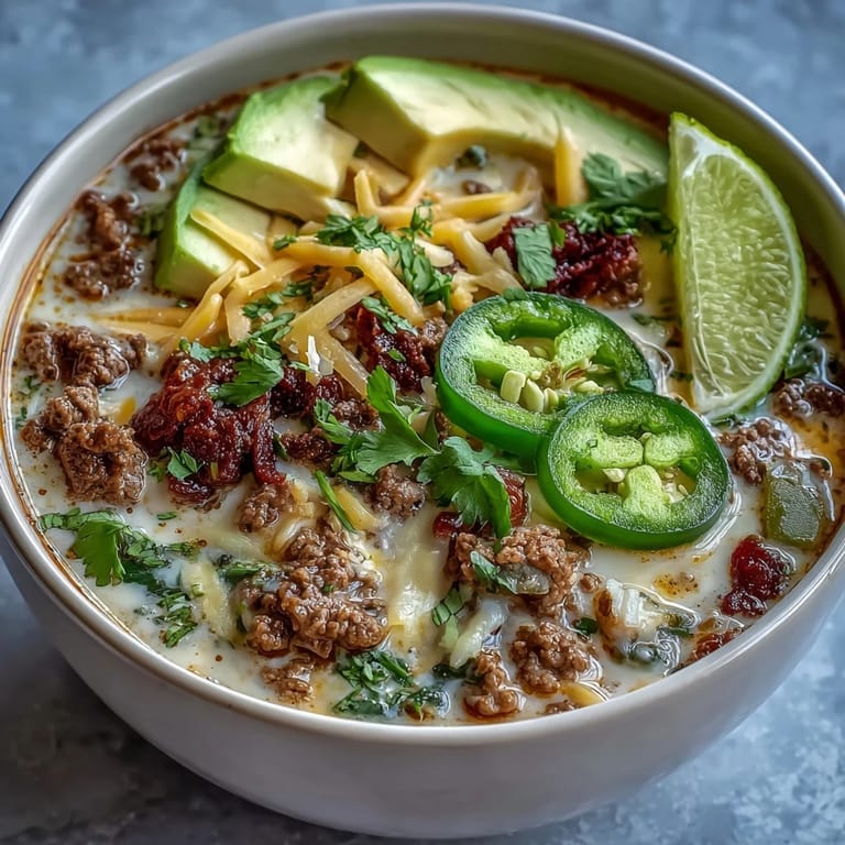 Rich and creamy taco soup loaded with seasoned ground beef, cheddar, and a dollop of avocado for freshness.  