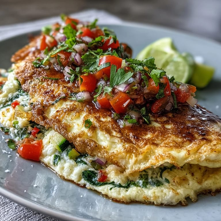 Wholesome veggie egg white omelette featuring sautéed vegetables and vibrant salsa, perfect for a healthy low-calorie brunch or quick morning meal.  