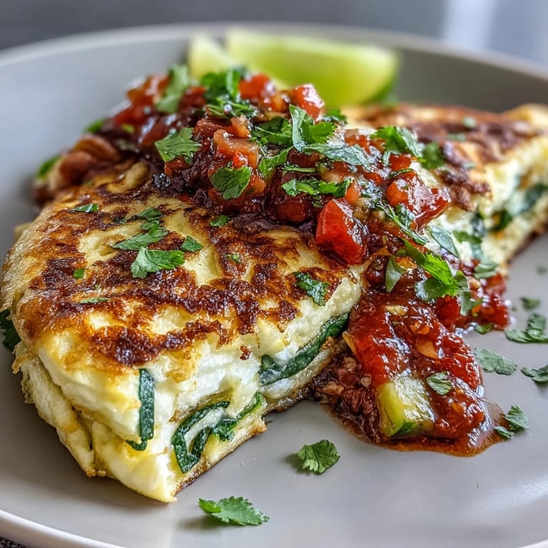 Colorful light omelette loaded with baby spinach, diced tomatoes, and red onion, finished with fresh salsa for a flavorful vegetarian breakfast.