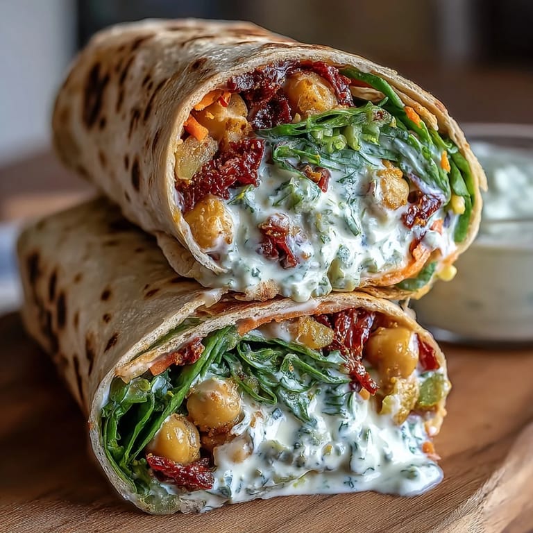 Protein-packed chickpea salad wrap featuring zesty sun-dried tomatoes, crisp vegetables, and creamy dressing, rolled in a soft tortilla for easy vegan lunches.