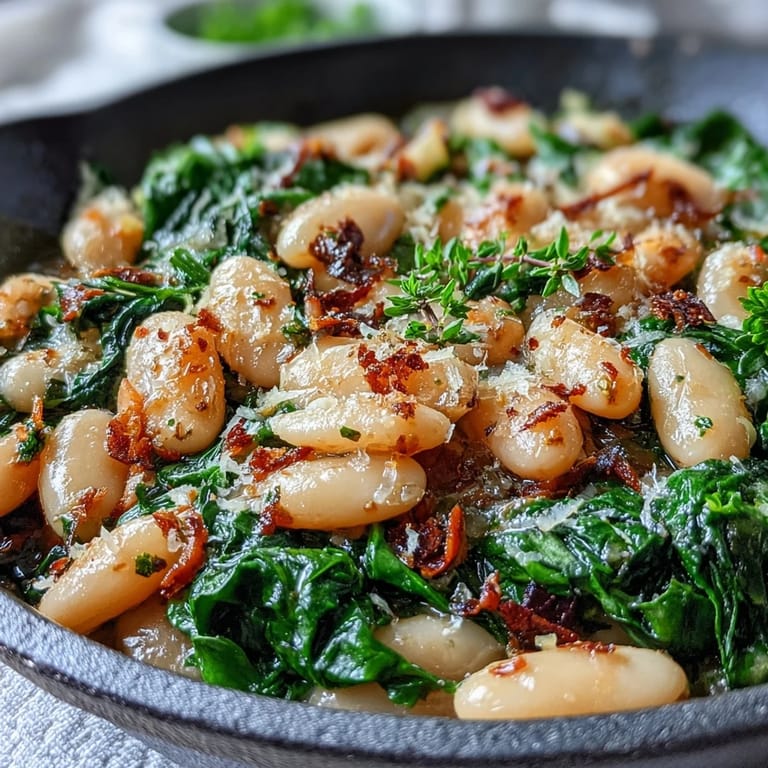 Bright and hearty, this vegan skillet features tender white beans, wilted spinach, and a fragrant lemon-garlic sauce, perfect for quick, healthy dinners.