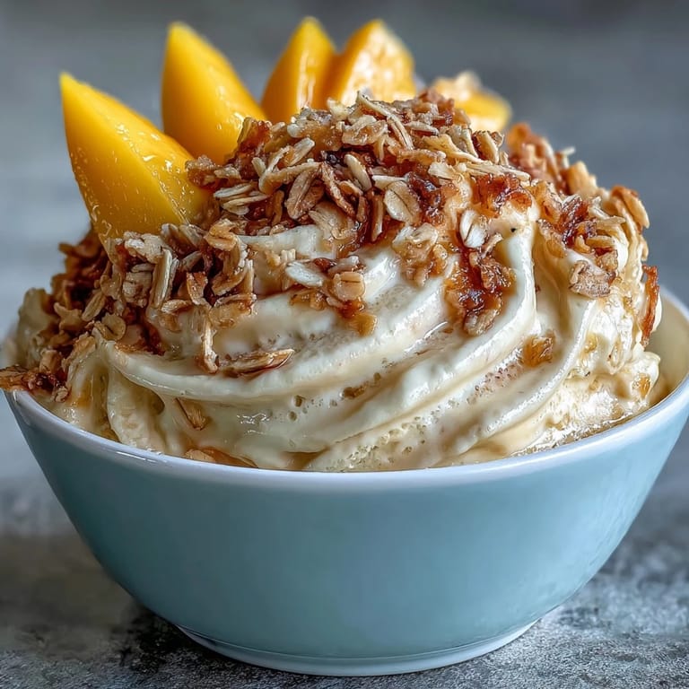 Luscious vegan mango coconut ice cream bowl with golden toasted oats, ripe mango, and mint, perfect for a wholesome summer indulgence.
