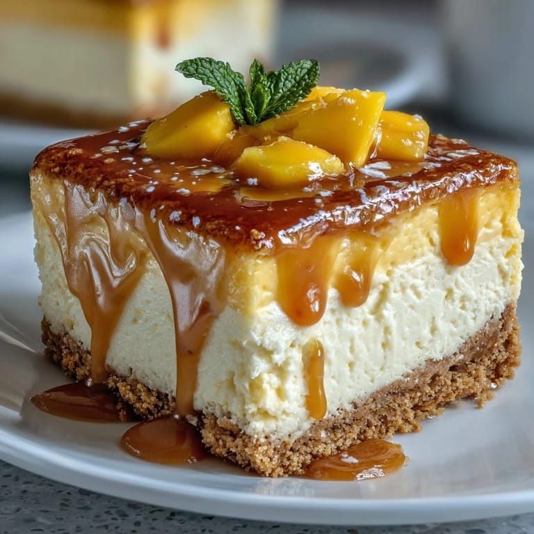 2. Silky smooth mango cheesecake topped with glossy mango coulis, showcasing a rich, tropical dessert perfect for summer gatherings.  