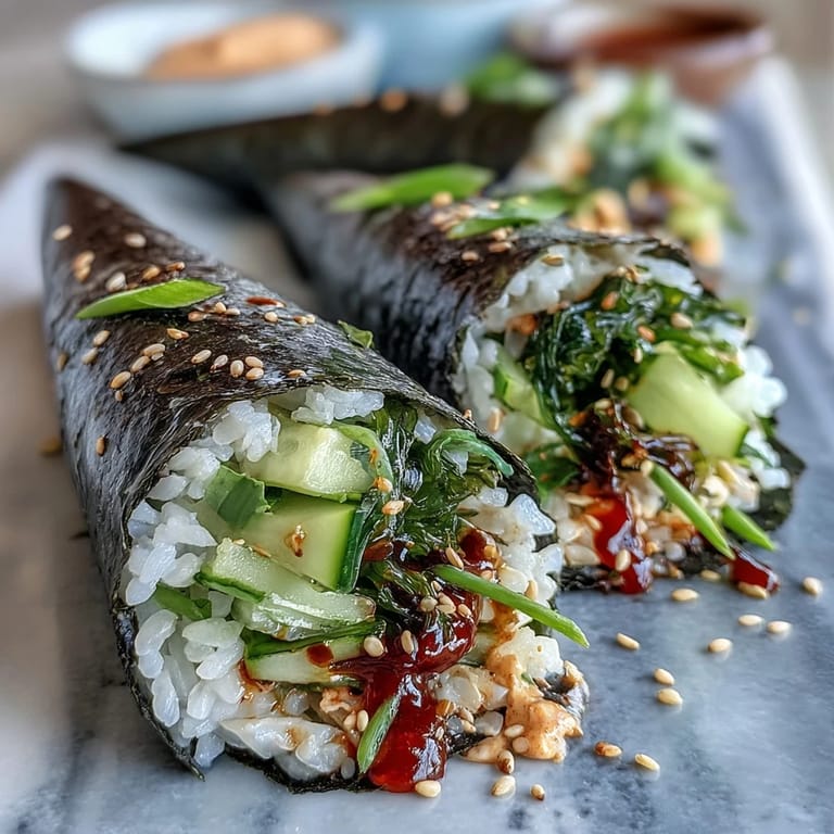 Handheld sushi cones featuring nori, fluffy sushi rice, savory seaweed salad, and avocado, served with soy sauce and pickled ginger.