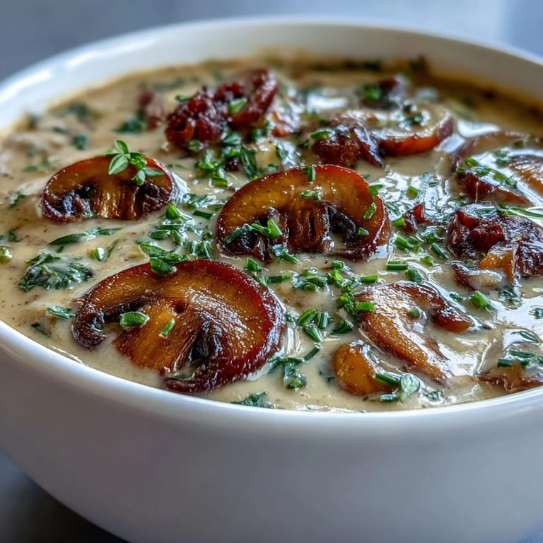 Creamy wild mushroom bisque with aromatic thyme, sherry, and tender mushrooms served with crusty bread for dipping.
