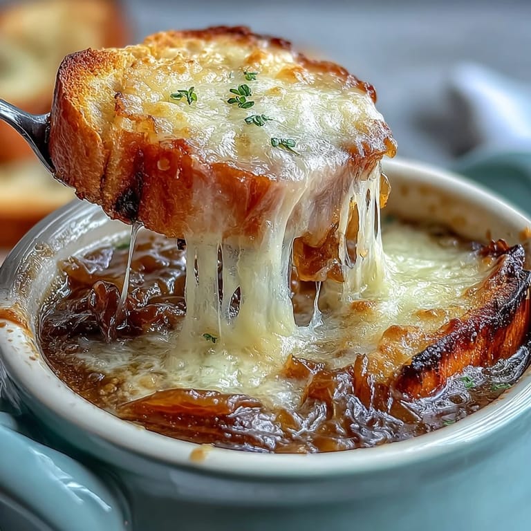 Rich French onion soup with deeply caramelized onions and savory broth, served with crispy sourdough Gruyere toasts.  