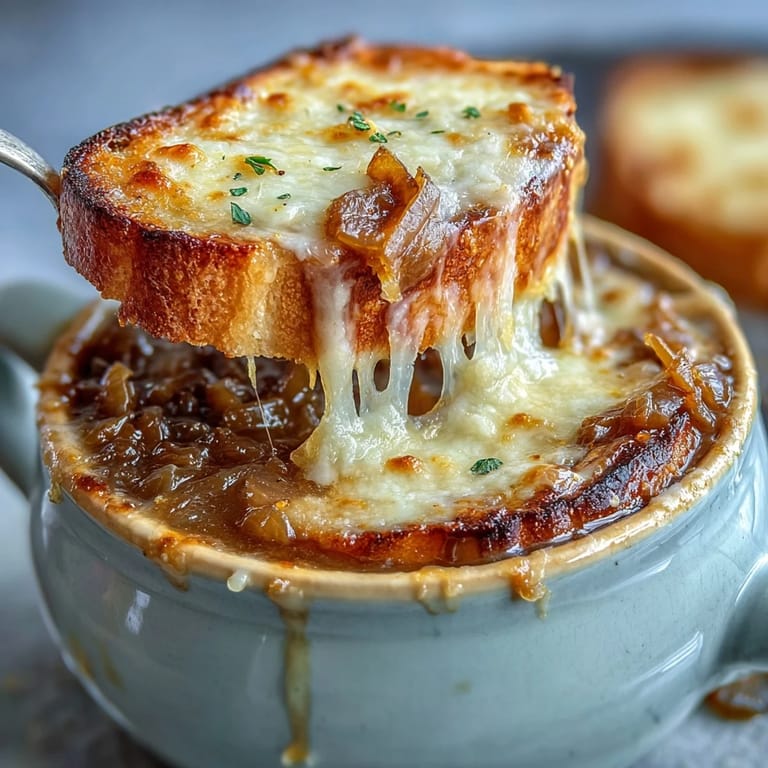 Comforting French onion soup featuring slow-cooked sweet onions, hearty broth, and cheesy sourdough crostini for dipping.