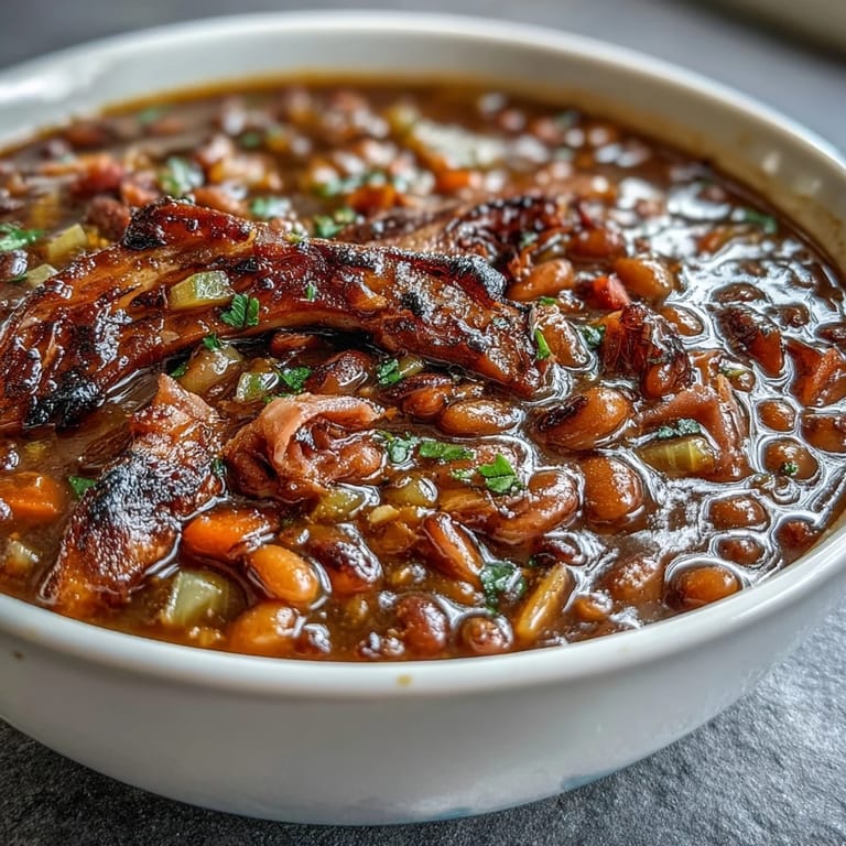 Slow-cooked 15-bean soup with ham bone, rich broth, and tender vegetables for ultimate comfort.  