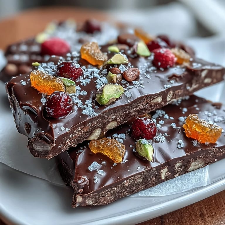 Rich dark chocolate bark studded with sweet candied orange peel, garnished with pistachios and freeze-dried raspberries for a festive treat.  