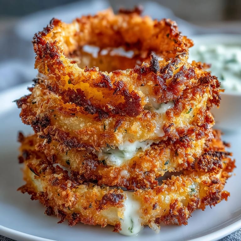 Air-fried onion rings with a crunchy panko coating and Parmesan, paired with zesty homemade garlic aioli for dipping.  
