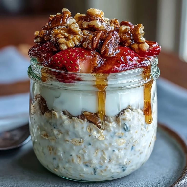 Layered overnight oats with juicy strawberries and sweet candied walnuts, a delicious make-ahead breakfast idea.