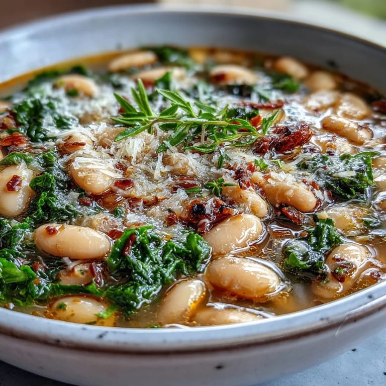 Rich and comforting Tuscan white bean soup with kale, topped with grated Parmesan and served with crusty bread on the side.