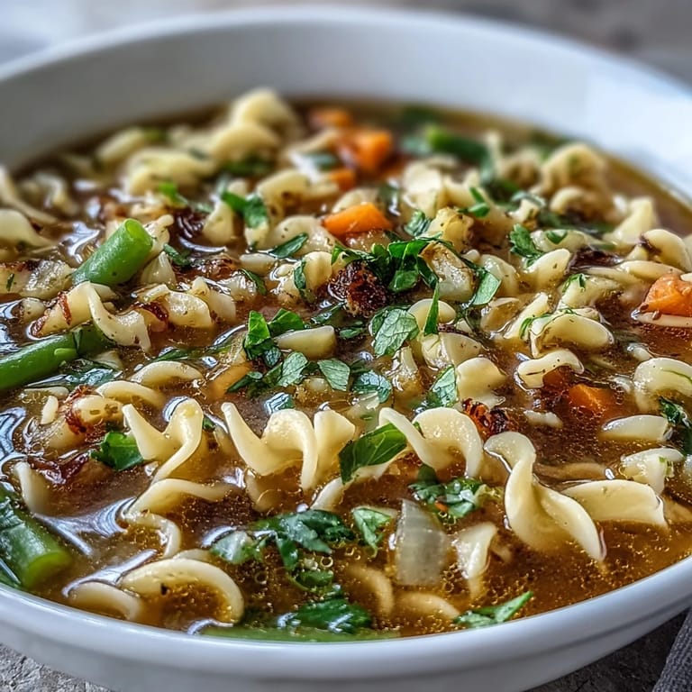 Cozy vegetable noodle soup featuring tender potatoes, green beans, and seasonal vegetables in a comforting broth.  