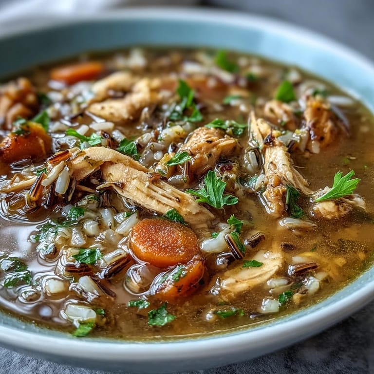 Hearty chicken and wild rice soup filled with shredded chicken, wild rice, carrots, and celery, perfect for warming up on cold days.