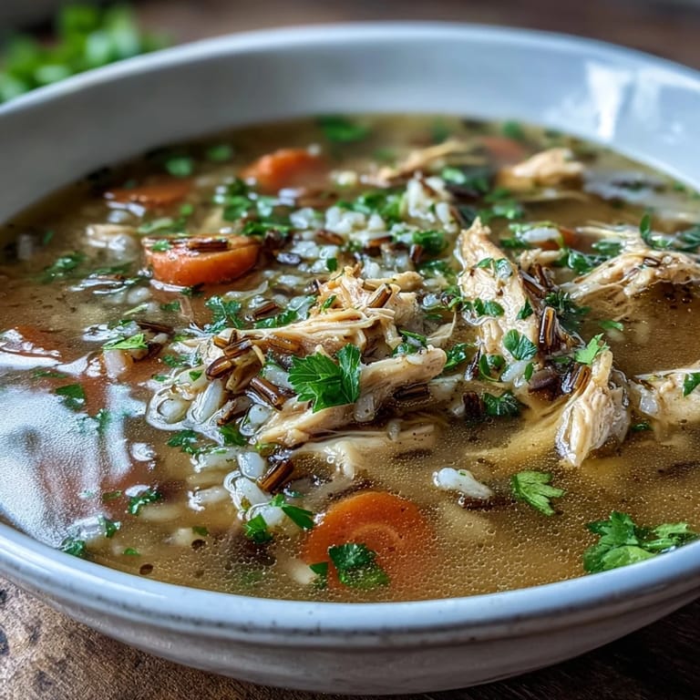 Comforting chicken and wild rice soup featuring juicy chicken, nutty wild rice, and sweet carrots in a rich, flavorful broth.