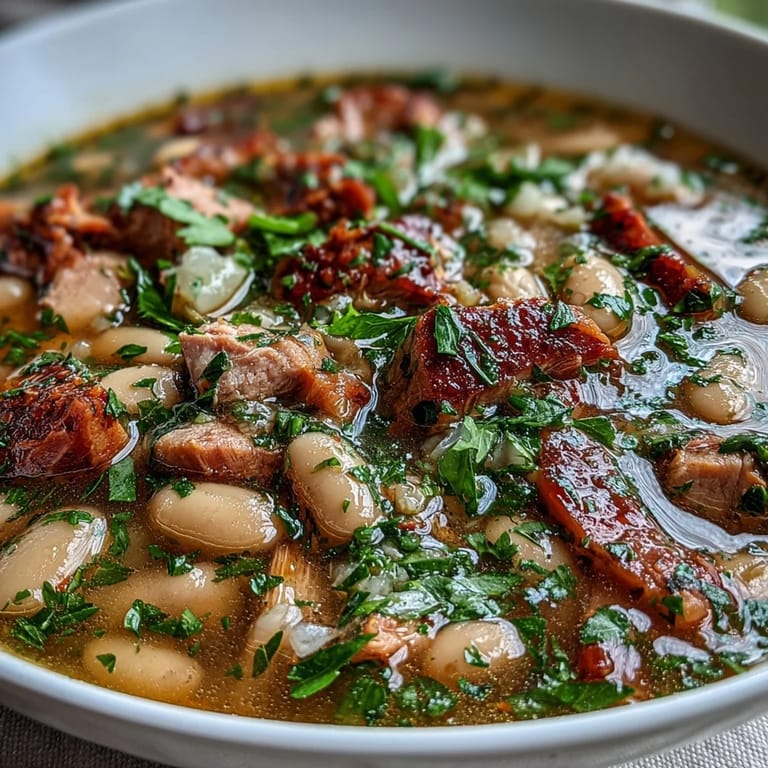 Hearty bowl of smoked turkey and white bean soup, filled with tender turkey, creamy beans, and fragrant fresh herbs.