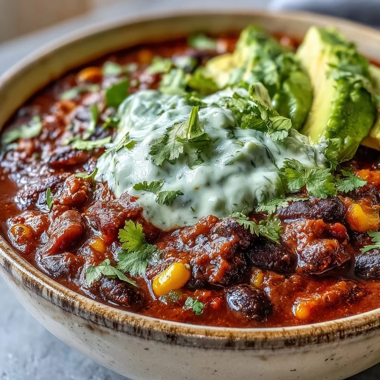 Hearty vegetarian chili with black beans, sweet corn, and smoky spices, garnished with tangy lime crema.  