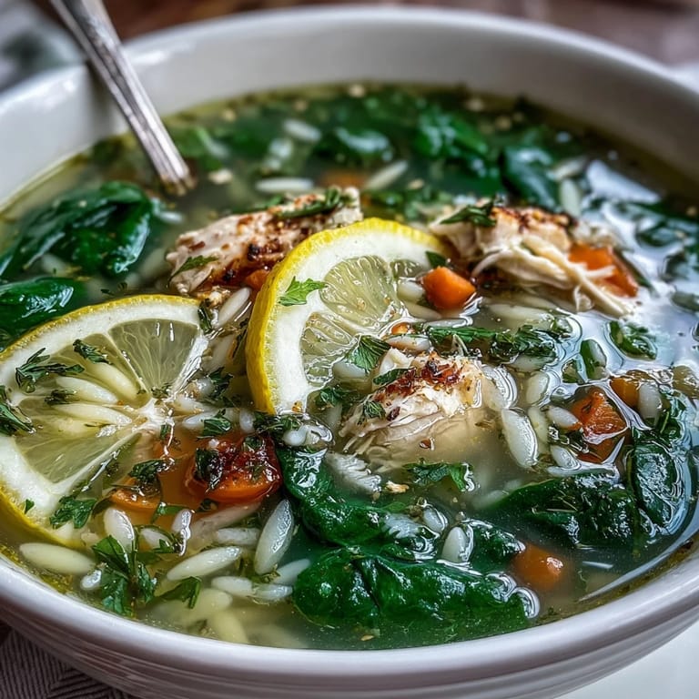 A comforting bowl of lemon chicken orzo soup, brimming with vegetables, orzo pasta, and zesty lemon flavor.  