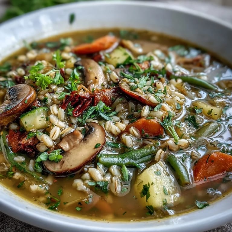 This hearty vegetable barley soup is loaded with pearl barley, sliced mushrooms, and garden-fresh vegetables for a comforting, nutritious meal.