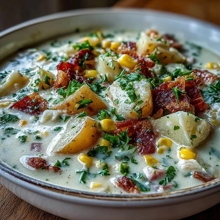 Hearty bowl of light ham chowder featuring tender potatoes, crisp celery, and golden corn kernels.  
