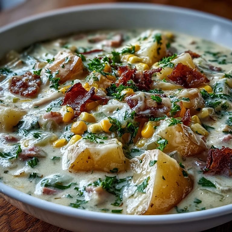 Comforting light ham and potato chowder with vibrant vegetables and a creamy, savory finish.