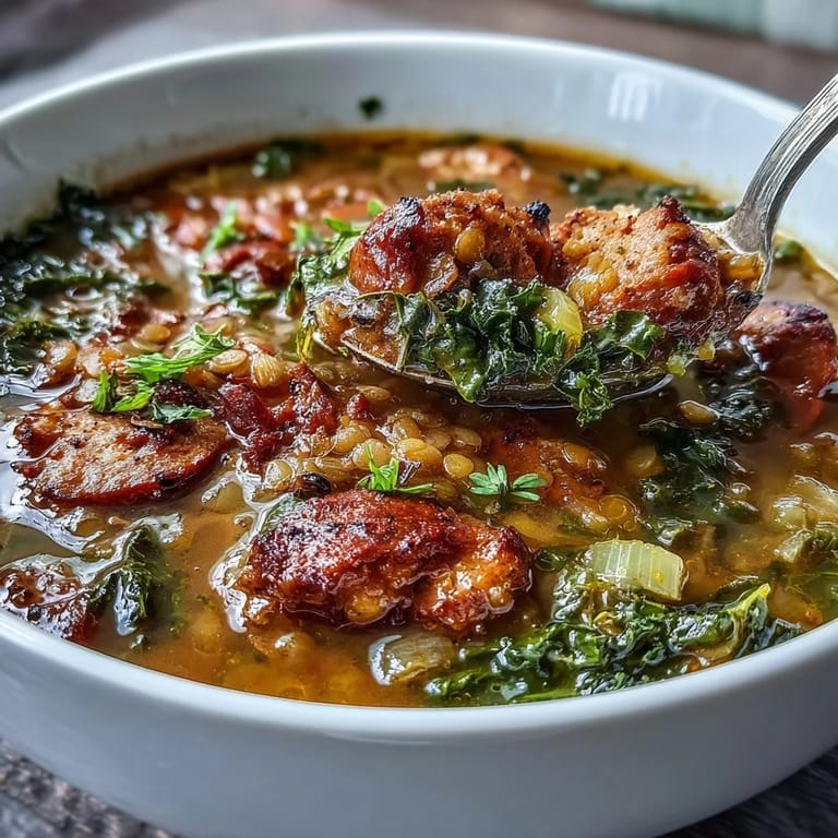 Spicy sausage and lentil soup with kale, packed with vegetables and aromatic spices for a comforting meal.  