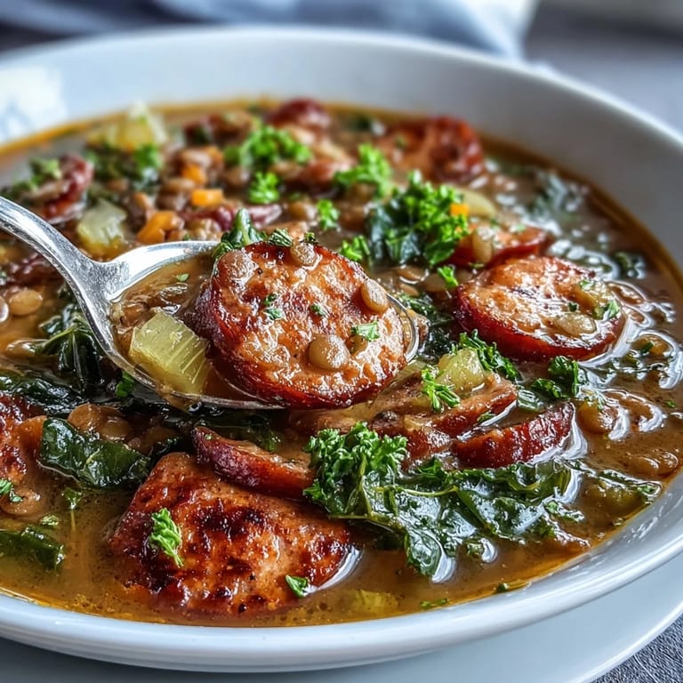 Bowl of spicy sausage and lentil soup with kale, served hot with a side of crusty bread for dipping.