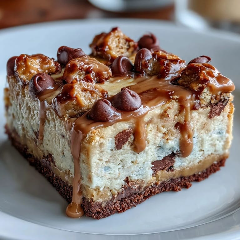 Swirled peanut butter cup cheesecake bars with chocolate chips and mini peanut butter cups, chilled and ready to slice for gatherings.