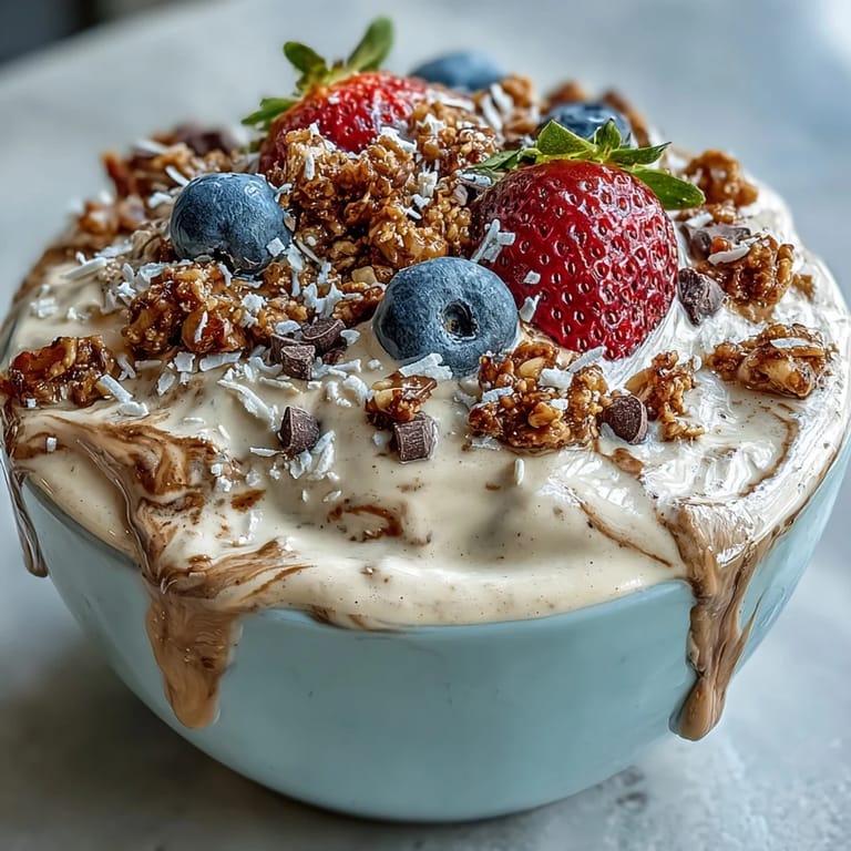 A thick, coffee-infused smoothie bowl bursting with vanilla bean flavor, garnished with granola, blueberries, and strawberries.  